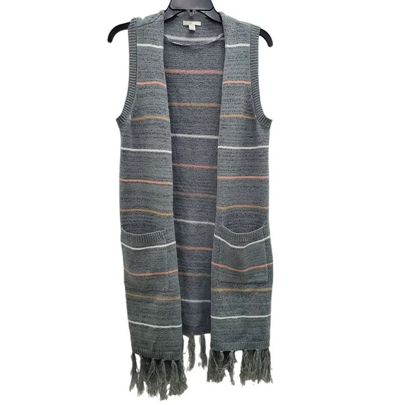 Cato Womens Soft Gray Stripe Long Fringe Hem Sleeveless Knit Open Front Duster S - Picture 1 of 7
